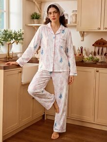 Tulorae Christmas Tree Collar Pajamas, Fresh Bow Print Long Sleeve Set - Baby Pink - View 4
