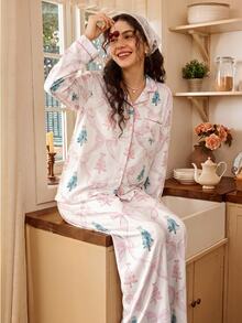 Tulorae Christmas Tree Collar Pajamas, Fresh Bow Print Long Sleeve Set - Baby Pink - View 1