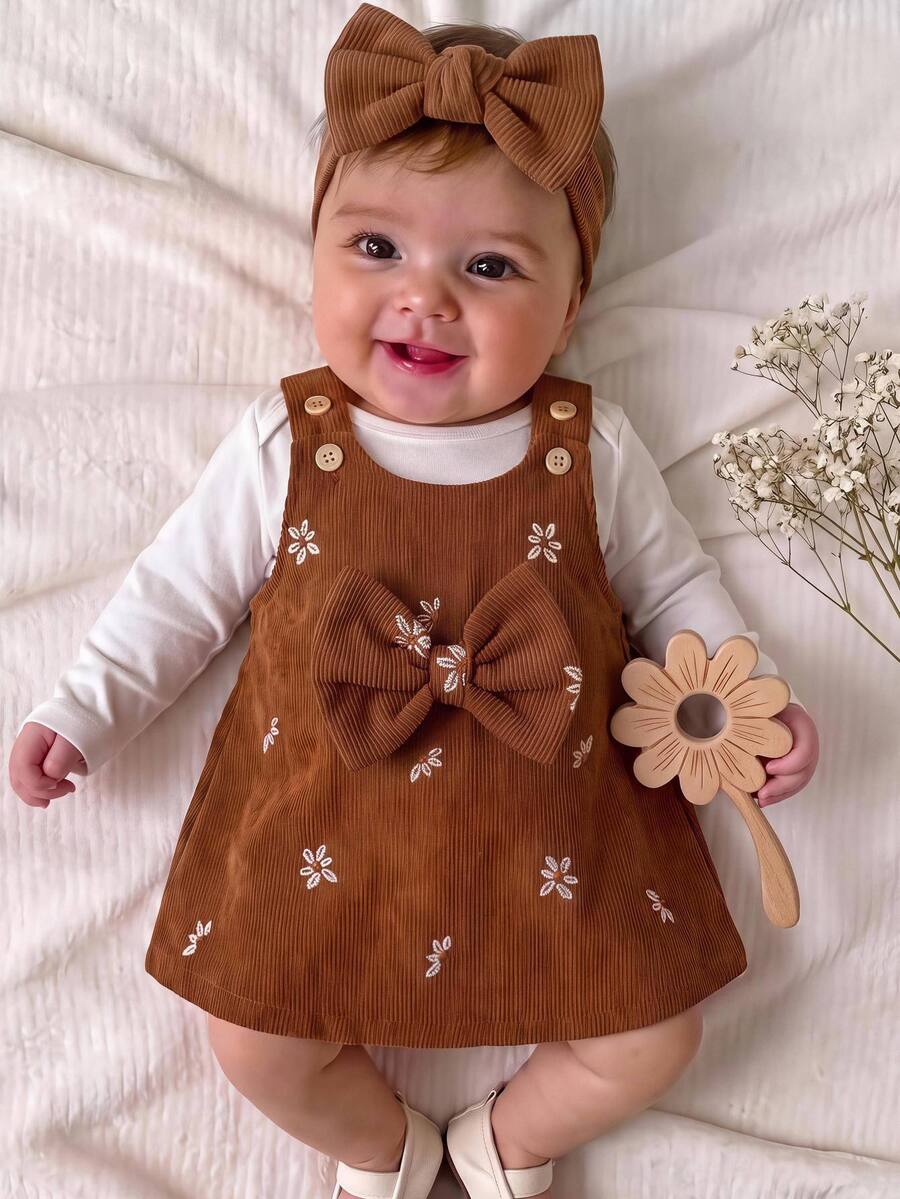 SHEIN 新生兒嬰兒蝴蝶結裝飾花卉刺繡圖案休閒日常秋季洋裝 - 棕色 - 查看 1