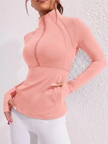With My Calm With My Calm Women's Casual Half-Zip Long Sleeve Sports Sweatshirt - Baby Pink - View 5