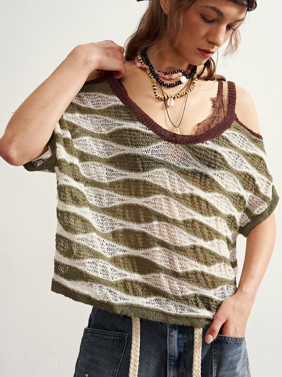 Bohemela Vintage Water Ripple Hollow-Out Cold Shoulder Knit Pullover Sweater,Perfect For Autumn,Vacation,Country Concert Outfit,Halloween - Army Green - View 1
