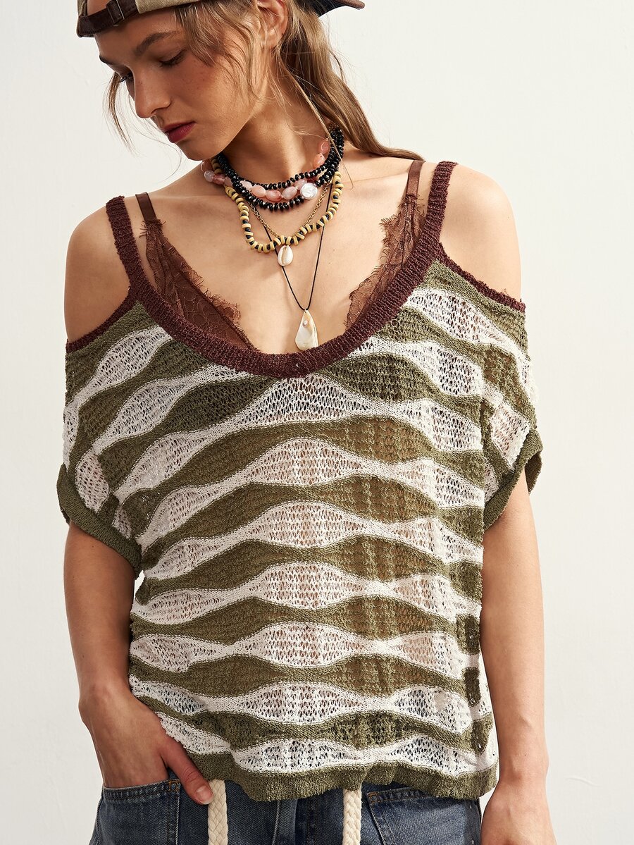 Bohemela Vintage Water Ripple Hollow-Out Cold Shoulder Knit Pullover Sweater,Perfect For Autumn,Vacation,Country Concert Outfit,Halloween - Army Green - View 1