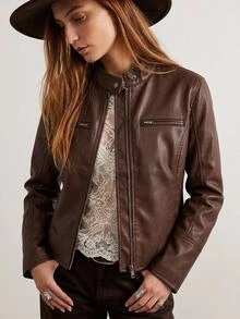 Easelle Women's Solid Color PU Leather Zipper Front Casual Regular Fit Jacket - Brown - View 1