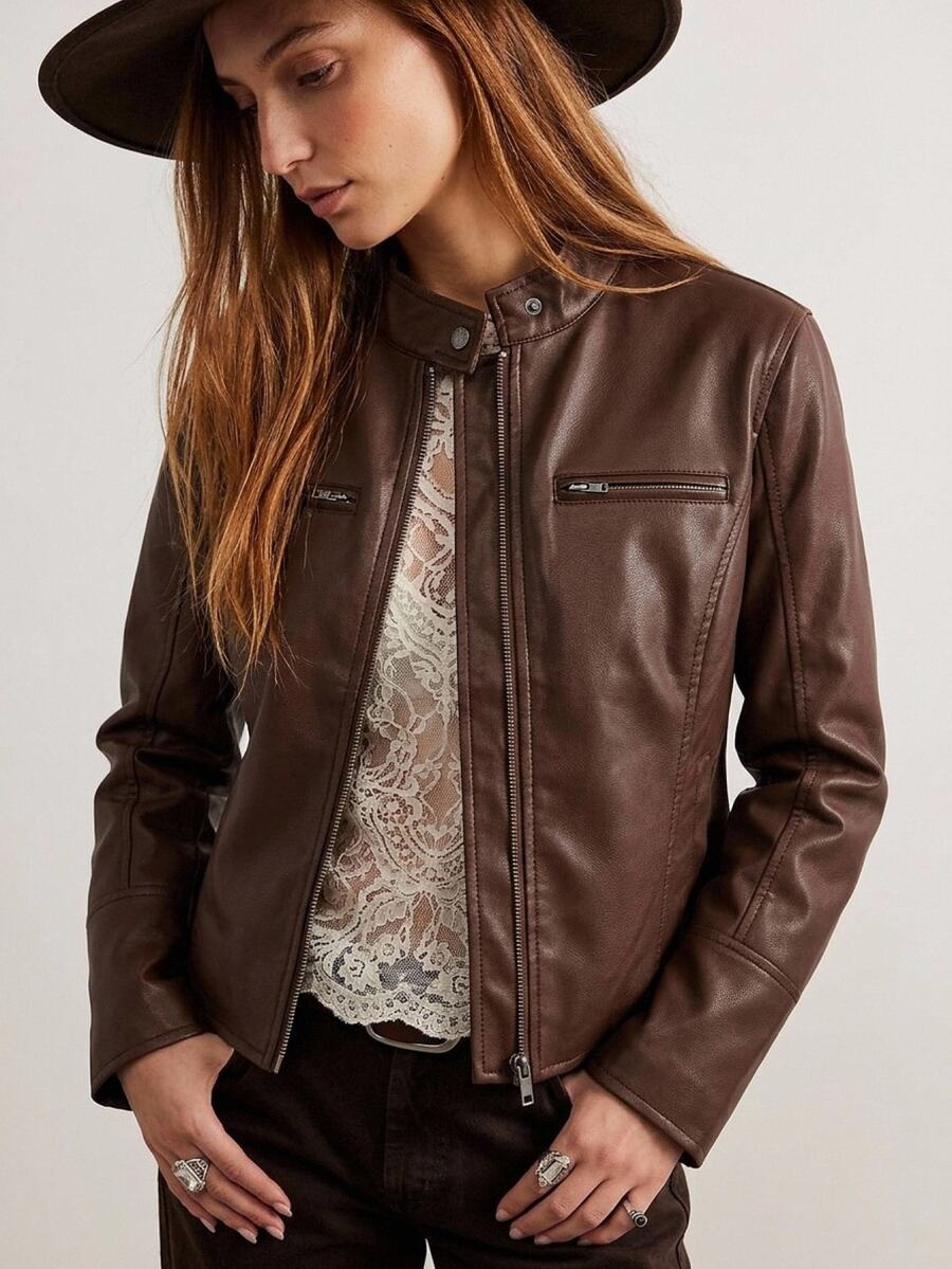 Easelle Women's Solid Color PU Leather Zipper Front Casual Regular Fit Jacket - Brown - View 1