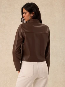 Easelle Women's Solid Color PU Leather Zipper Front Casual Regular Fit Jacket - Brown - View 2