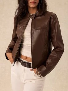Easelle Women's Solid Color PU Leather Zipper Front Casual Regular Fit Jacket - Brown - View 7