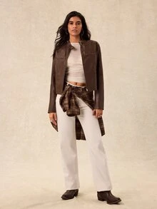 Easelle Women's Solid Color PU Leather Zipper Front Casual Regular Fit Jacket - Brown - View 3