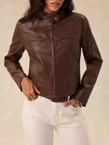 Easelle Women's Solid Color PU Leather Zipper Front Casual Regular Fit Jacket - Brown - View 6