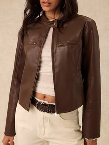 Easelle Women's Solid Color PU Leather Zipper Front Casual Regular Fit Jacket - Brown - View 9