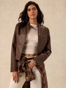 Easelle Women's Solid Color PU Leather Zipper Front Casual Regular Fit Jacket - Brown - View 5