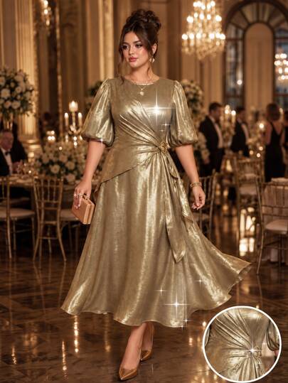 Roveilla Plus Size Women's Gold Foil Lace-Up Rhinestone Buckle Waist Mid-Sleeve Long Dress For Summer Party Formal Dinner Cocktail Wedding Sexy Formal Elegant