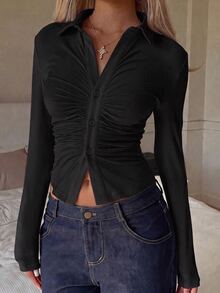 SHEIN EZwear 95%棉女款休閒修身長袖T恤，胸前抓皺設計，女款秋冬衣飾，夏季衣飾，街頭風，適合日常通勤、約會、聚會、秋冬、夏季、派對、婚禮、海灘、畢業典禮，優雅、休閒、外出、Y2K、音樂節穿搭、度假衣飾、返校衣飾 - 黑色 - 查看 2