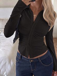 SHEIN EZwear 95%棉女款休閒修身長袖T恤，胸前抓皺設計，女款秋冬衣飾，夏季衣飾，街頭風，適合日常通勤、約會、聚會、秋冬、夏季、派對、婚禮、海灘、畢業典禮，優雅、休閒、外出、Y2K、音樂節穿搭、度假衣飾、返校衣飾 - 黑色 - 查看 7