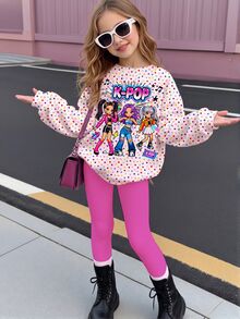 兒童小女孩可愛卡通女孩印花彩色波點圓領長袖運動衫與內搭褲套裝，秋季禮物，嬰兒西部風 - 彩色 - 查看 2