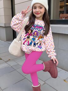 兒童小女孩可愛卡通女孩印花彩色波點圓領長袖運動衫與內搭褲套裝，秋季禮物，嬰兒西部風 - 彩色 - 查看 1