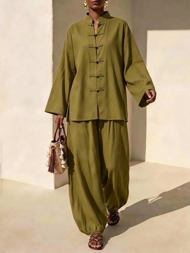 Zivah New Loose Linen New Chinese Style Button-Up Top + Lantern Trousers Women's Two Pieces Set - Mustard Yellow - View 10