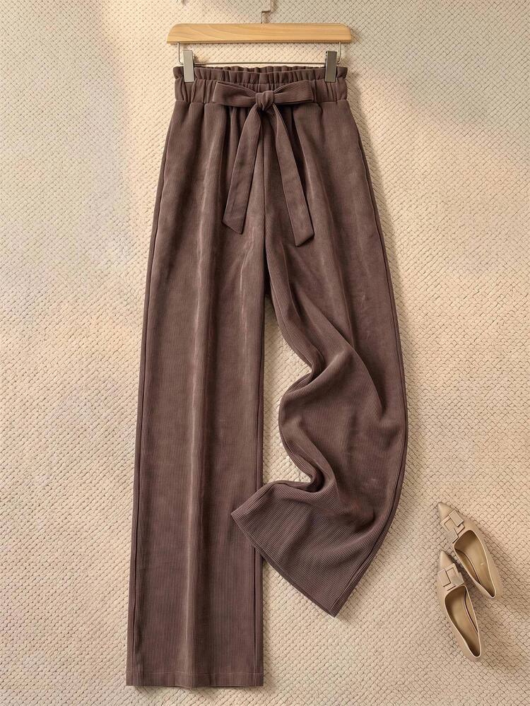 Rusticease Women's Bowknot Tie-Up Casual Long Pants, Versatile For Daily Wear Tea Party Office Tea Party Espresso Brown Autumn Work Outfits Women Corduroy - Rust Brown - View 4
