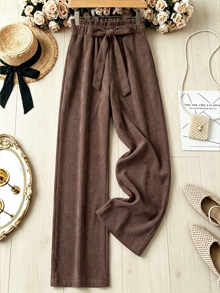 Rusticease Women's Bowknot Tie-Up Casual Long Pants, Versatile For Daily Wear Tea Party Office Tea Party Espresso Brown Autumn Work Outfits Women Corduroy - Rust Brown - View 3