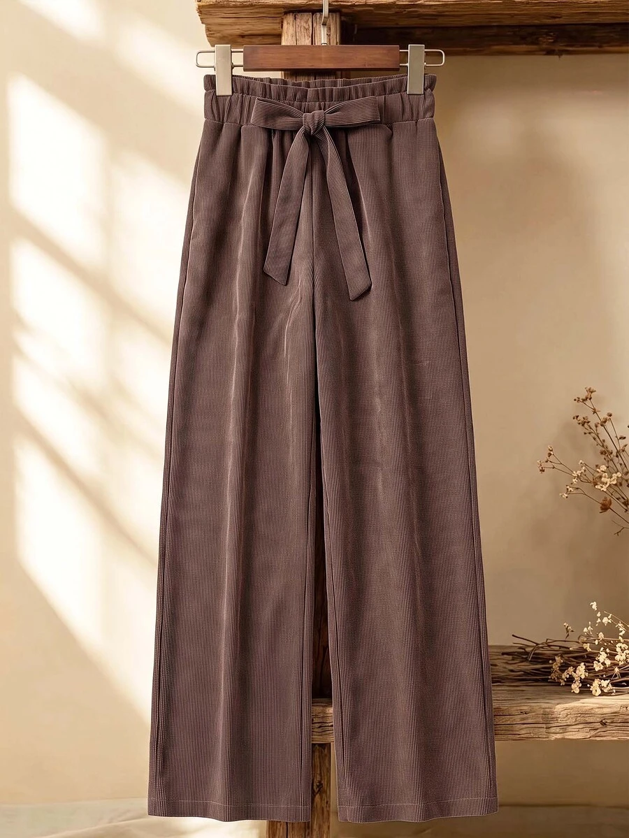 Rusticease Women's Bowknot Tie-Up Casual 70s Long Pants, Versatile For Daily Wear Tea Party Office Tea Party Coffee Brown Autumn Work Outfits Women Corduroy