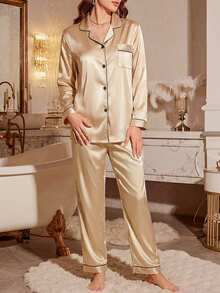 LuxeNights Contrast Piping Satin Pajama Set, Fall Winter Clothes Cozy And Elegant Details - Champagne - View 4