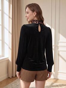 SHEIN Women's Sexy Elegant Daily Velvet Top Black Long Sleeve Leopard Print Patchwork Collar Slim Fit Stretch Blouse Fall Winter Going Out Commuting Dinner - Multicolor - View 6
