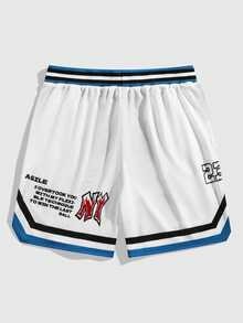 ROMWE MEN Prep Spring/Summer Casual Graphic White Men'S Striped Trim Letter Graphic Drawstring Waist Wide-Legged Casual Basketball Shorts, School - Multicolor - View 2