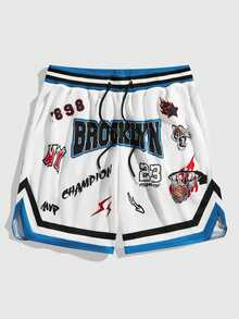 ROMWE MEN Prep Spring/Summer Casual Graphic White Men'S Striped Trim Letter Graphic Drawstring Waist Wide-Legged Casual Basketball Shorts, School - Multicolor - View 1