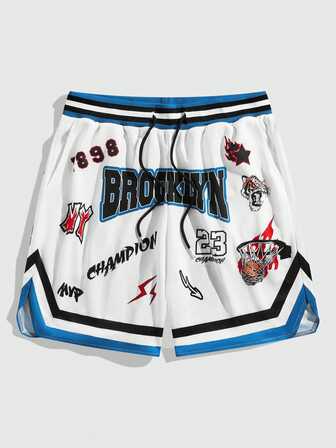 Prep Herren Streifen Saum Buchstaben Grafik Kordel Taille Weit geschnittene bequeme Basketball Shorts, Schule