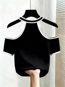 Franclia Women's Casual Everyday Off-Shoulder Short Sleeve T-Shirt, Summer - Black - View 2