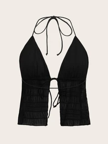 SHEIN ICON Split Hem Tie Backless Mesh Halter Y2k Top - Black - View 2