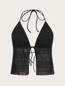 SHEIN ICON Split Hem Tie Backless Mesh Halter Y2k Top - Black - View 8
