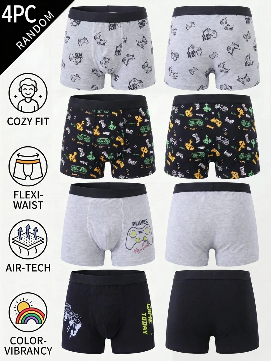 4pcs/Set Boys' Cartoon Print Cool Black & Gray Boxer Briefs, Comfortable Fabric Suitable For All Seasons Autumn Fall
