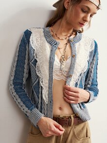 Bohemela Vintage Strickjacke aus gemischtem Garn mit Diamant- und verdrehtem Seilmuster-Spitze - Blau-Weiß - Übersicht 5