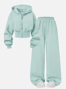 SHEIN 青少年女孩圓領寬鬆休閒日常黑色外套套裝，萬聖節秋季風格秋季穿搭 - 薄荷綠 - 查看 6