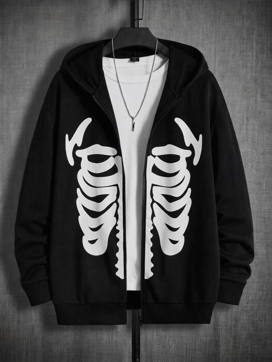 Mainfolk Loose Fit Men's Spider Web Print Zip Up Hoodie Without Tee - Black - View 1