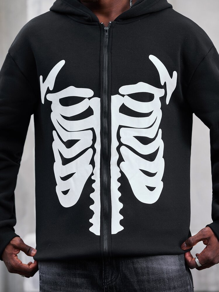 Mainfolk Loose Fit Men's Spider Web Print Zip Up Hoodie Without Tee - Black - View 6
