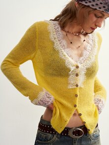 Bohemela Women's Contrast Lace V-Neck Long Sleeve Single-Breasted Knit Cardigan - Yellow - View 2