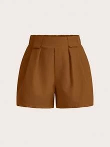 Zolique Women's Solid Color Pleated Pocket Loose Casual Shorts - Brown - View 3