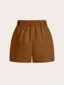 Zolique Women's Solid Color Pleated Pocket Loose Casual Shorts - Brown - View 2