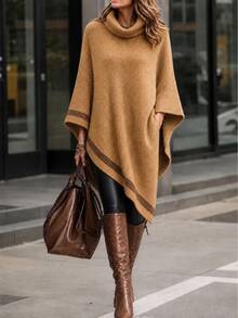 Balvessa Turtleneck Batwing Sleeve Asymmetrical Hem Knit Poncho - Brown - View 2