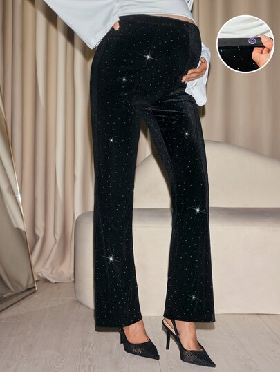 MaterniChic Sommer elegante sexy schicke Partyhose Umstandshose mit hoher Taille verstellbarem Bund Strass-Dekor modisch bequem vielseitig Neujahr Schwarz