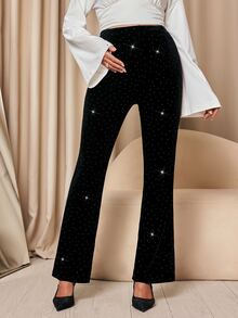 MaterniChic Summer Elegant Sexy Chic Party Night Pants Maternity High Waist Adjustable Waistband Rhinestone Decor Fashionable Comfortable Versatile New Year Black - Black - View 3