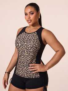 Rhythm Era Rhythm Era Plus Size Women's Leopard Print Yoga Tank Top, Leopard Print Patchwork Pilates Yoga Running Sports Tank Top - Black - View 3