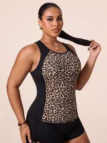 Rhythm Era Rhythm Era Plus Size Women's Leopard Print Yoga Tank Top, Leopard Print Patchwork Pilates Yoga Running Sports Tank Top - Black - View 1