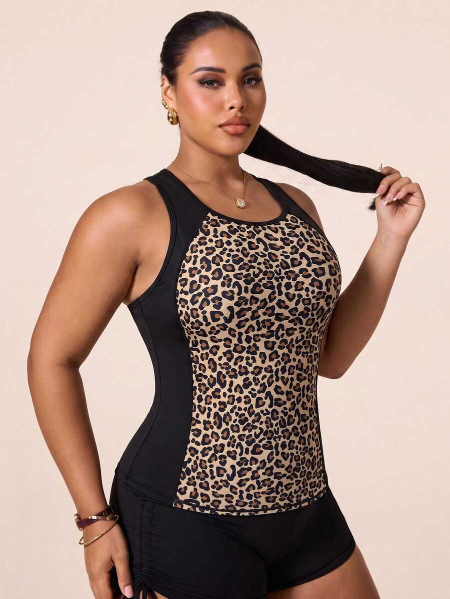 Rhythm Era Rhythm Era Plus Size Women's Leopard Print Yoga Tank Top, Leopard Print Patchwork Pilates Yoga Running Sports Tank Top - Black - View 1