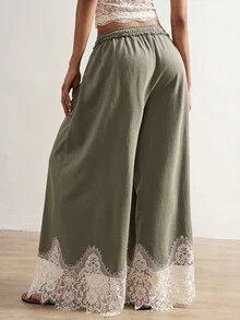 Bohemela Casual Boho Solid Color Knit Contrast Lace Loose Washed Women's Long Pants Brunch Vacation Green And White Autumn - Green - View 5