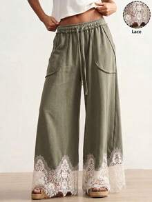 Bohemela Casual Boho Solid Color Knit Contrast Lace Loose Washed Women's Long Pants Brunch Vacation Green And White Autumn - Green - View 1