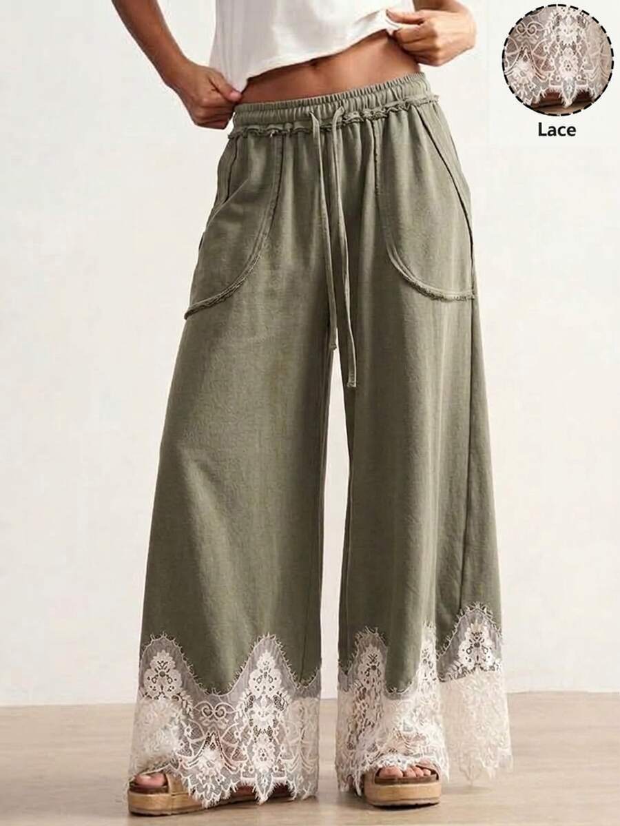 Bohemela Casual Boho Solid Color Knit Contrast Lace Loose Washed Women's Long Pants Brunch Vacation Green And White Autumn - Green - View 1