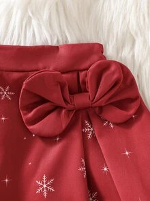 Souflis Souflis 1件幼童女童滑板裙 可愛甜美 酒紅色與白色 毛絨飾邊 蝴蝶結 雪花印花 A字版型 常規款 派對 冬季 假日 秋季禮物 - 紅色 - 查看 6