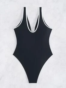 SHEIN Swim 女士性感优雅拼接黑白深 V 领 U 型后背连体泳衣 - 黑與白 - 查看 7